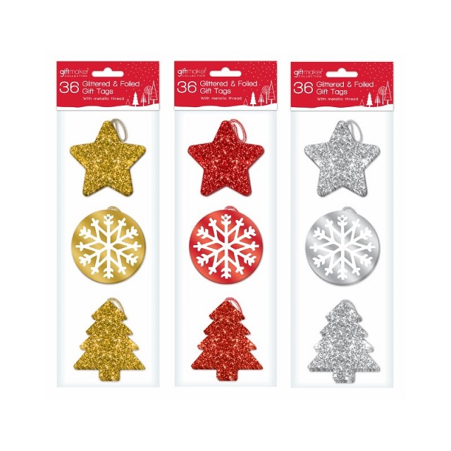 36 x Glitter & Foil Christmas Xmas Present Gift Tags in Red Silver or Gold