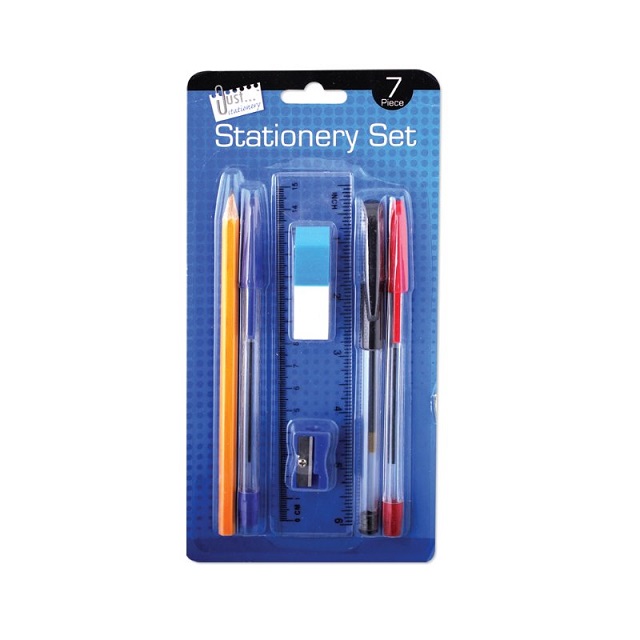 7pc School Office Home Stationery Set Pencil Rubber Sharpener Ruler 3 x Ink Pens