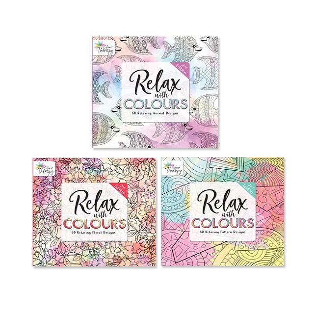 3 Adult Colouring Books Great Anti Stress Calm Therapy with 18 Quality Fibre Pens