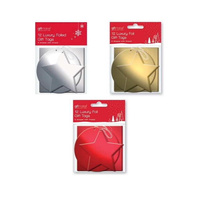 12 x Foil Christmas Xmas Present Shaped Gift Tags in Red Silver or Gold