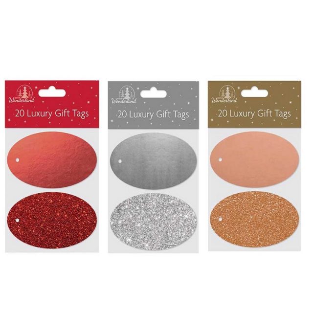 20 x Luxury Oval Glitter & Foil Gift Tags Christmas Or Birthday Rose Gold / Red Or Silver