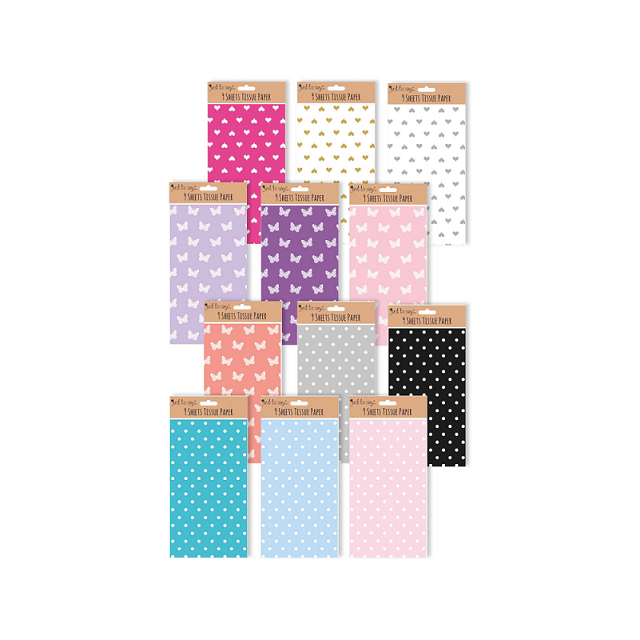 9 x Sheets Tissue Paper For Wrapping And Crafting - Spots Butterfly Hearts Lots Of Colours