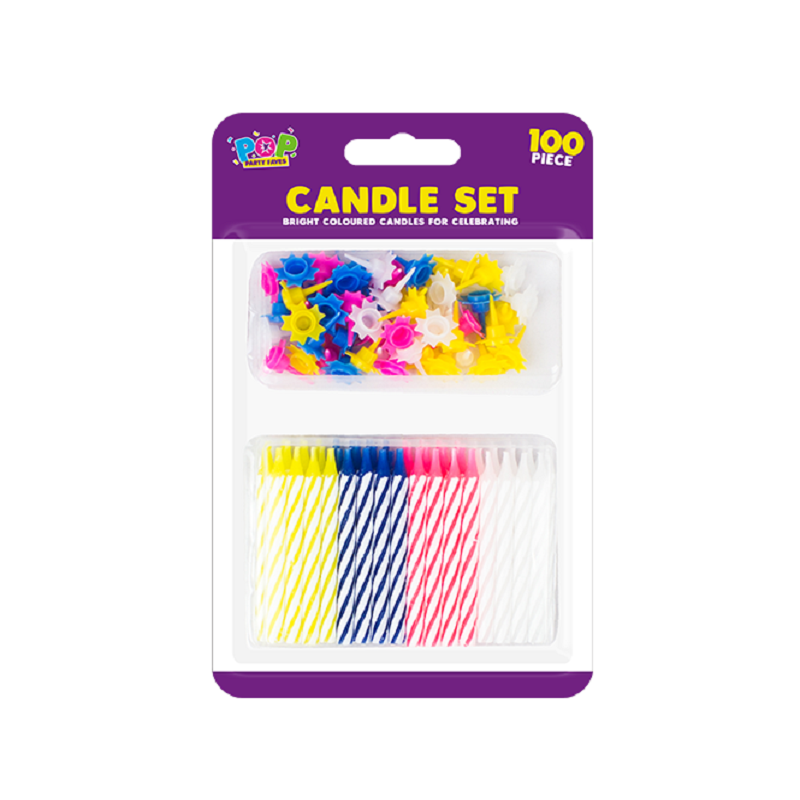 100 Piece Birthday Party Candle Set Assorted Coloured Candle Holders & Candles