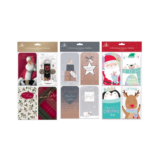 4 Pack Christmas Money Or Gift Card Wallets 3 Designs - Traditional Cute And Contemporary