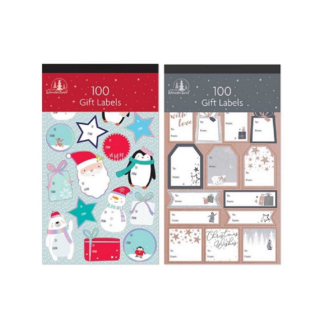 100 Christmas Gift Tag Labels - 2 Designs Cute Designs & Contemporary Designs Xmas