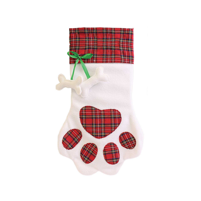 Festive Wonderland Soft Dog Pet White Christmas Pet Stocking with Tartan Paw Print