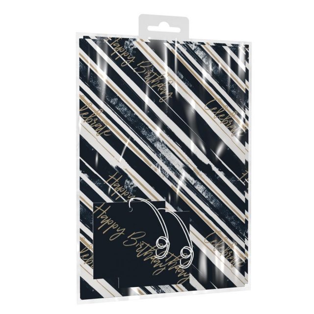 Navy & White Stripes Birthday Gift Wrap x 2 with Tags